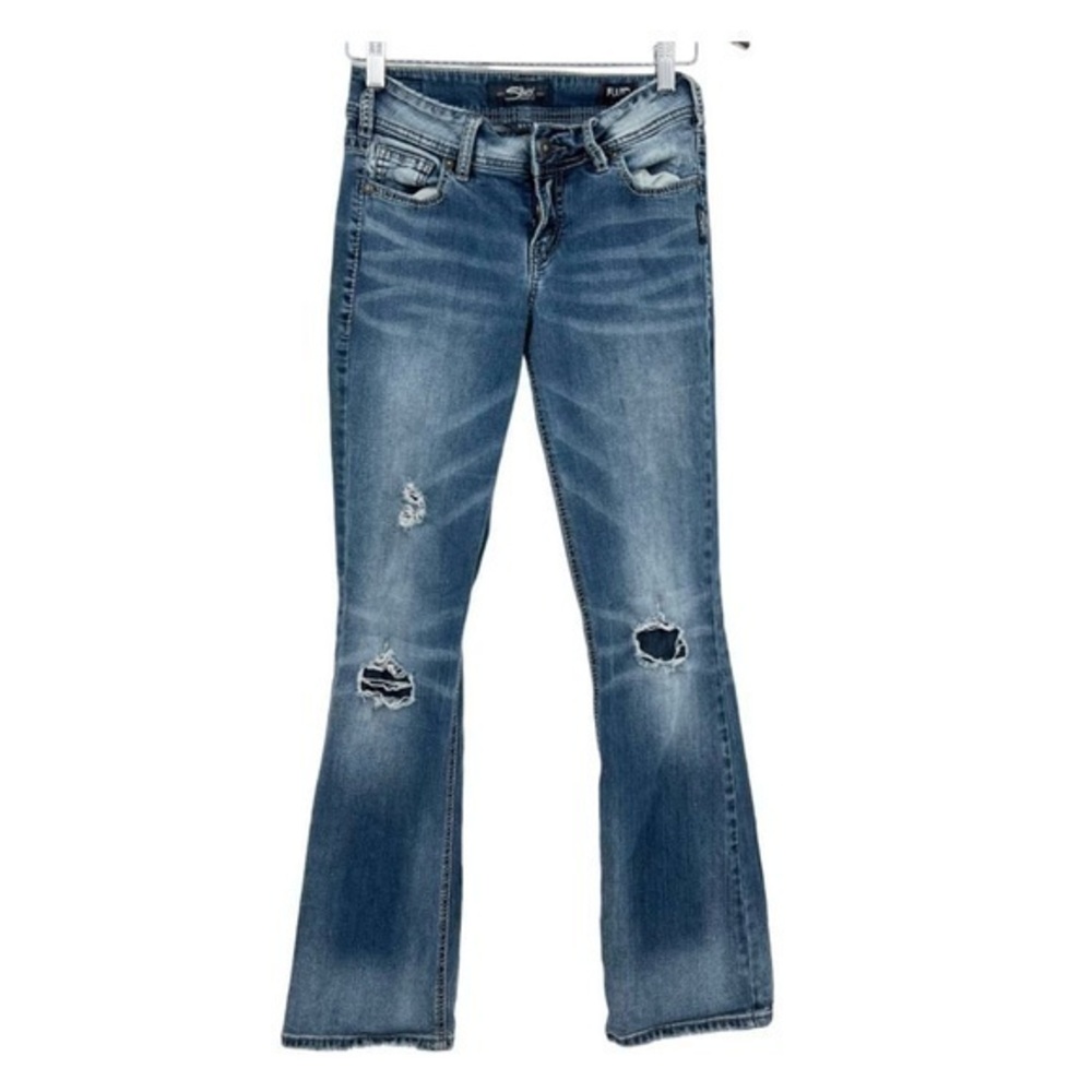 SILVER SUKI MID BOOT Distressed destroyed zipper button blue Jeans Size 27 x 33